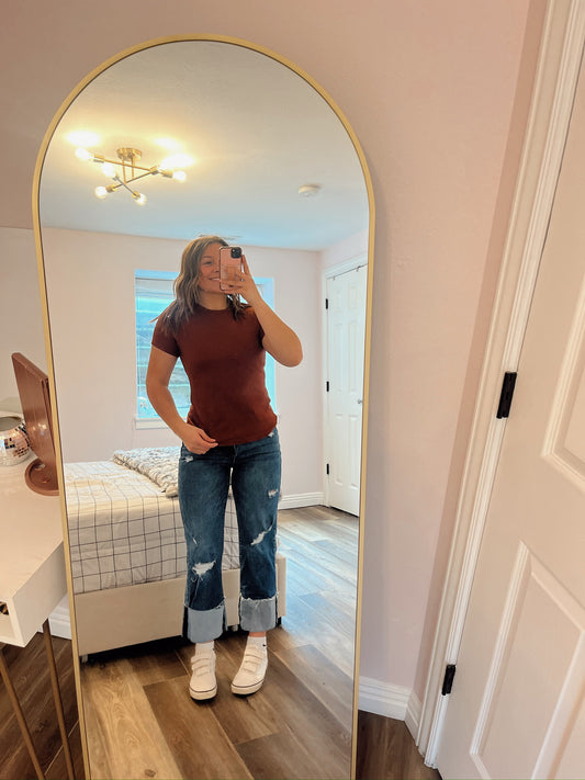 Short Sleeved Ribbed Tee Shirt in Pumpkin Spice